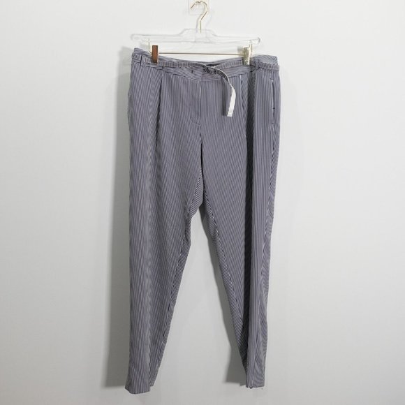 Max Mara Pants Womens 12 Ankle Crop Pinstripe Stretch Belted Blue Weekend - Picture 1 of 13